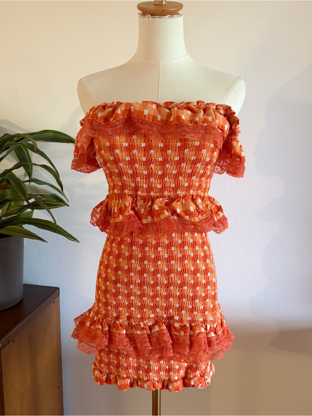 Tularosa Revolve Orange Smocked Off-Shoulder Mini Dress